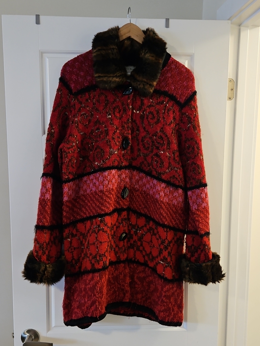 Vintage Susan Bristol Red Patterned Cardigan Coat with Removable Faux Fur Trim
